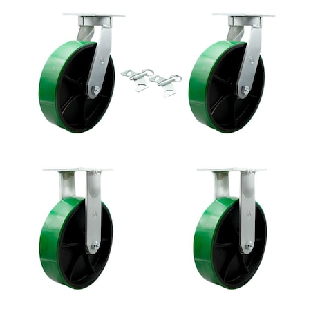 Service Caster 12'' Heavy Duty Green Poly on Cast Iron Caster Set 2 Swivel Locks 2 Rigid, 4PK CRAN-SCC-KP92S1230-PUR-GB-BSL-2-R-2